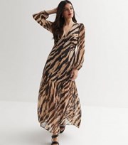 New Look Brown Tiger Print Chiffon V Neck Long Puff Sleeve Maxi Dress